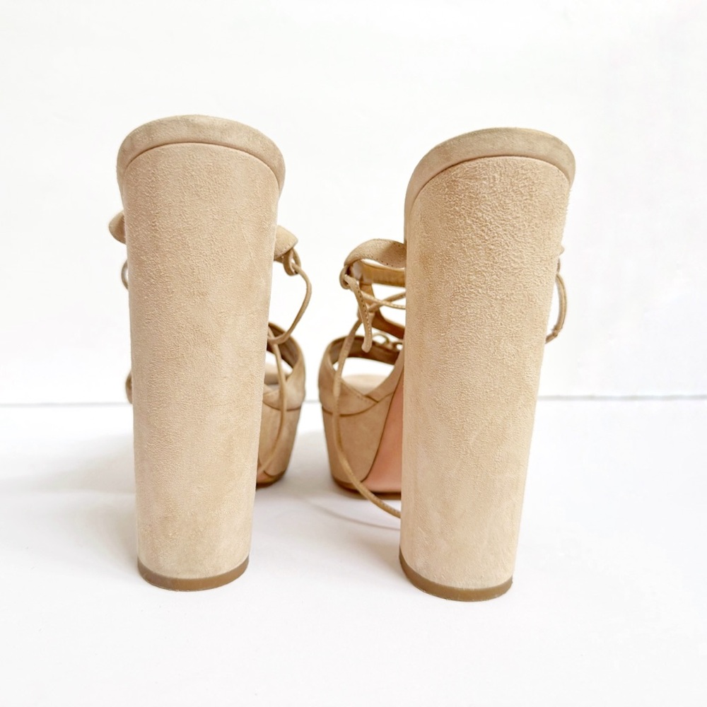 AQUAZZURA AUSTIN BEIGE CREAM SUEDE LACE UP ANKLE WRAP PLATFORM CHUNKY HEEL - Picture 7 of 15